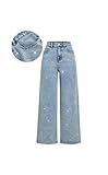 Jeans Palazzo de Mezclilla con Brillantes, Pierna Ancha, Cintura Alta, Lavado Claro, Decorado con Cristales Brillantes, Pantalones Vaqueros con Brillos (FR/ES, Letras, L, Regular, Regular)