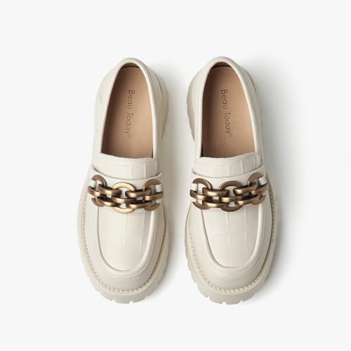 Image of BEAU TODAY Chunky Loafers Women,Leather Platform Loafers for Women,Lug Sole Slip On Chain Shoes,Comfortable Work Office Business Casual Office Dress Shoes