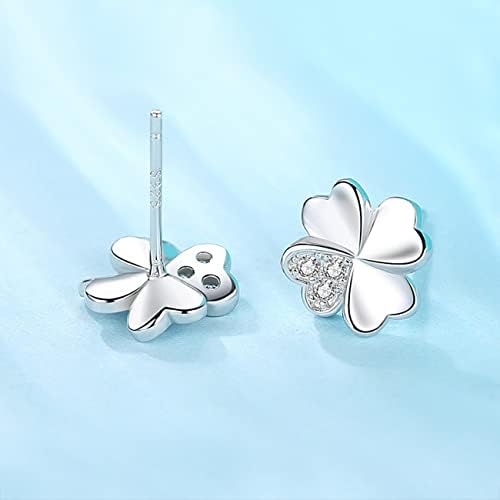 KONFEN Four Leaf 925 Sterling Silver Stud Earrings for Women, Clover Zirconia Earrings Ear Studs, Small Earrings Hypoallergenic Christmas Ladies Jewellery Gifts for Girls Wife (Silver/Rose Gold)