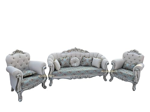 Image of Wooden 5 Seater Sofa Set, Solid Wood Hand-Carved Sofa with Silver Deco Finish, Luxury Traditional Design Furniture for Living Room, Home, Office