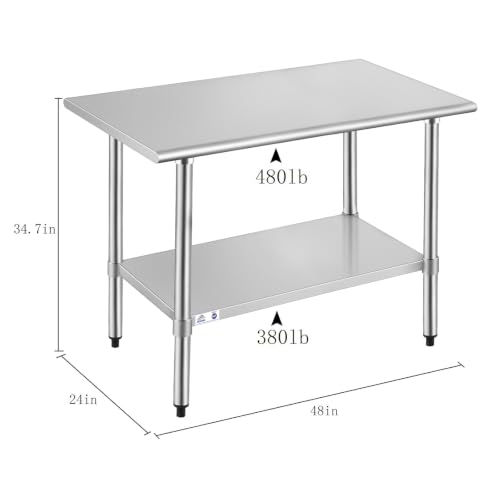 Image of ROCKPOINT Stainless Steel Table for Prep & Work 24x48 Inches, NSF Metal Commercial Kitchen Heavy Duty Table with Adjustable Under Shelf and Table Foot for Restaurant, Home and Hotel