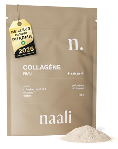 Naali Collagène Marin Poudre + Vitamine C, B8 – Safran, Acide Hyaluronique – Boisson Quotidienne - Bien Etre, Peau, Os - Goût Citron Vert Menthe – Cure 1 Mois - Complément Alimentaire Équilibre