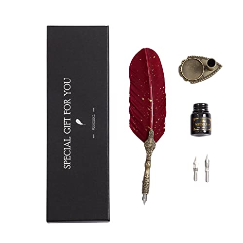 Vangoal Feather Pen And Ink Set, Glittering Quill Pen Set Antique Calligraphy Dip Pen With Ink, 2 Replacement Nibs, Pen Stand Base, Luxury Vintage Signature Pen (Green) #TOP2