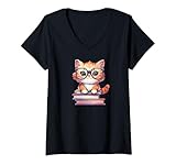 Photo Gallery donna kawaii cat reading: adorable cat reading maglietta con collo a v Photo Gallery donna kawaii cat reading: adorable cat reading maglietta con collo a v