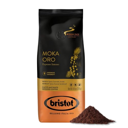 Bristot Moka Oro Ground Coffee – Italian Espresso – Medium Roast – Notes of Spices, Caramel & Sandalwood – For Moka, French Press, Pour Over – 8.8oz (250g)