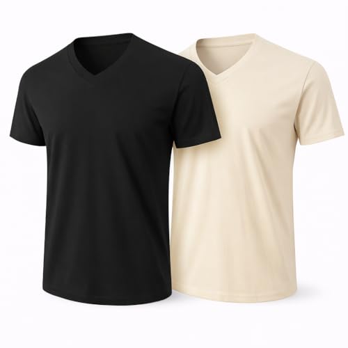 2-Pack Bulk Men’s V-Neck T-Shirts – Soft Pre-Shrunk Premium Cotton, Short Sleeves, Reinforced Collar, Crew Neck, Casual Fit Black/Sand