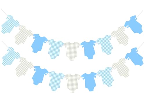 Image of ALISSAR 2 Pcs Pre-Strung Blue Gingham Bodysuit Baby Shower Banner - Baby Boy Shower Decorations-