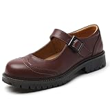 XSE Mary Jane Shoes Women Brown Platform Mary Janes for Women Leather Flats Non Slip Maryjane Oxford Loafers Orthopedic Style Girls Uniform School Outfits Office Dressy Casual Work Shoes Size 5.0