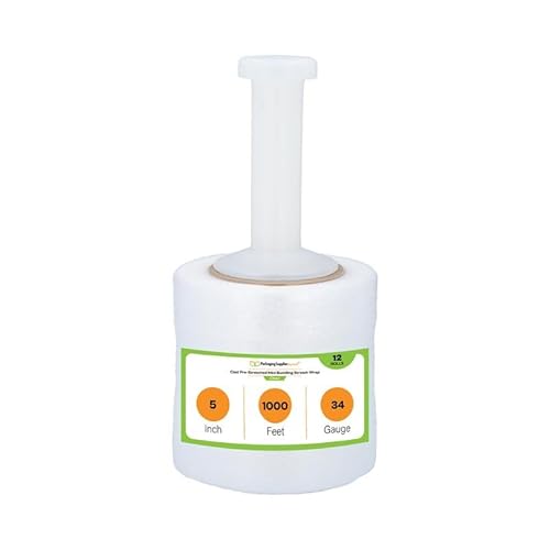 PSBM Pre-Stretched Mini Stretch Wrap, 12 Pack, 5 Inch x 1000 Feet, Clear, Small Plastic Cling Film for Pallets Moving Storing