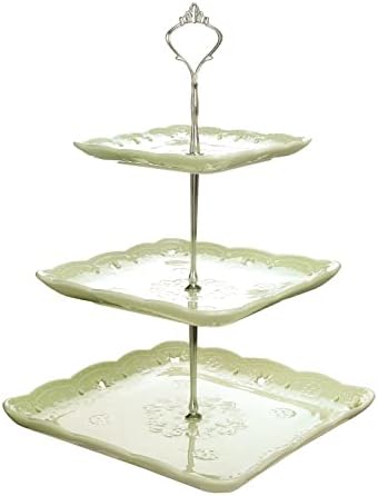 MALACASA, Series Sweet.Time, 3 Tier (6.25" & 8.25" & 10") White Ceramic Dessert Cake Tower Stand, 14.5" Tall Porcelain Party Food Server Display Holder with Silver Carry Handle