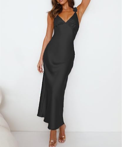 Image of Phicia Summer Satin Spaghetti Strap V Neck Midi Dresses for Women Wedding Guest Elegant Flower Backless Cocktail Formal Dress