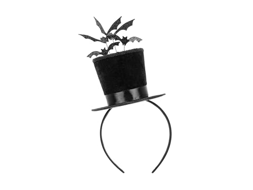 PartyDeco Halloween Haarband mit Zylinder und Fledermäusen – ca. 19 × 26 cm – Schwarz, Glitzer Kostümzubehör Fledermaus