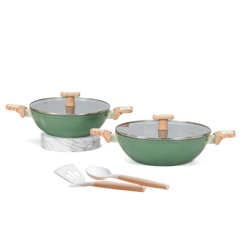 Image of Kreme Ceracook Ceramic Coated Granite 6 Pc Kadai Set Glass Lid, 2X Spatulas, ISI Certified Cookware Kadhai, Forged Aluminium, Gas & Induction Use, Woks PFAS & PTFE Free, 1 Yr Warranty, Olive Green