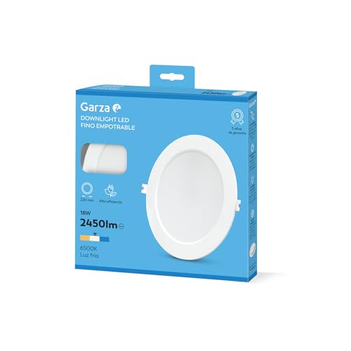 Garza - Downlight LED Empotrable Circular Extraplano Ojo de Buey, 22cm, 18W, 6500K Luz Fría, 2450lm, 30.000h, IP20, Blanco, Ahorro Energético 80%