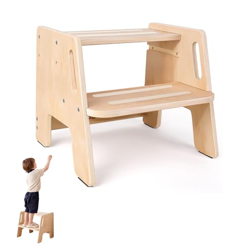 Yunlaishaocer Marche Pied à 2 Niveaux pour Enfants,Marche Pied Bois avec Poignées et Repose-Pieds Antidérapants,Capacité de Charge jusqu'à 150 kg pour Lavabo Salle Bain, Chambre à Coucher, Cuisine