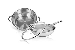 Stainless Steel Kadhai and Frying Pan Combo Cookware Set Triply Heavy Bottom with Glass Lid | Compatible with Gas Stove and Induction Cooktop Multi Purpose Cooking Utensils - by Tortoise 20