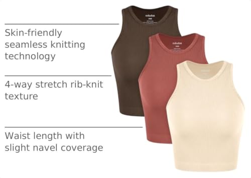 Image of ODODOS 3-Pack Seamless Crop Tank for Women Ribbed Soft High Neck Cropped Tops