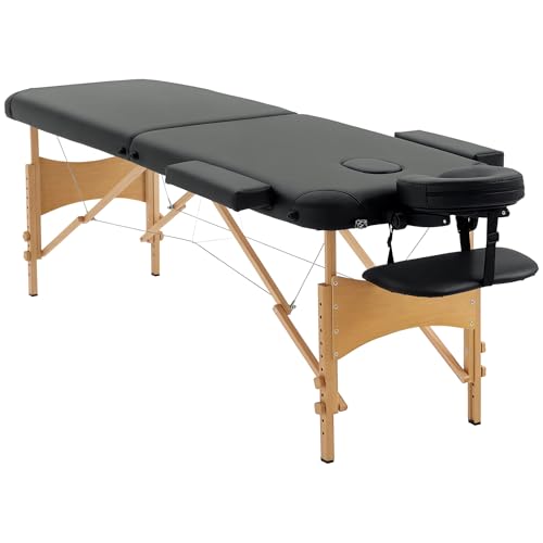 HOMCOM Camilla de Masaje Plegable 210x81 cm Camilla Estética Profesional con Reposacabezas Extraíble 2 Zonas Asa y Marco de Madera con Altura Regulable y Bolsa de Transporte Negro