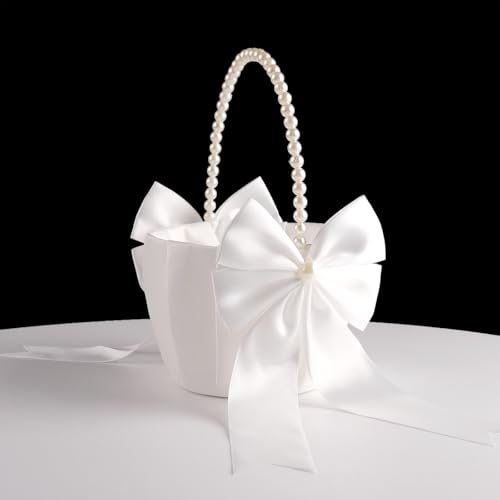 Wedding Flower Girl Basket with Pearl Ivory Flower Basket for Flower Girl
