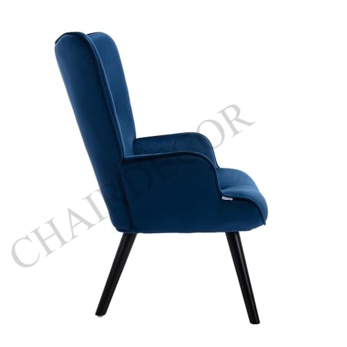 Image of Velvet Wingback Accent Chair for Living Room | Luxury High Back Tufted Armchair with Glossy Metal Legs | Modern Velvet Upholstered Lounge Chair for Home & Office | 1 Pc (Blue)