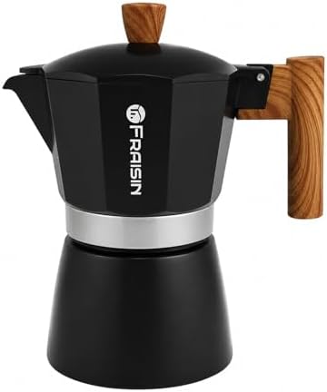Stovetop Espresso Moka Pot Coffee Maker, Non-slip Wood Grain Handle, Cast Aluminum, Compatible with Gas, and Electric Stoves (Black, 3 cups)