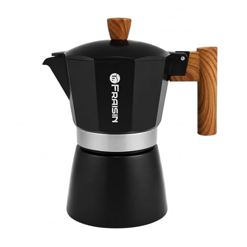 FRAISIN Stovetop Espresso Moka Pot Coffee Maker Non-slip Wood Grain Handle Cast Aluminum Compatible with Gas and Electric Stoves (Black 3 cups)