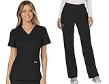 Cherokee Scrub Set For Women, Modern Classic Fit Mock Wrap Top WW610 With Mid Rise, Straight Leg Pant WW110, Black- M Top/M Pant