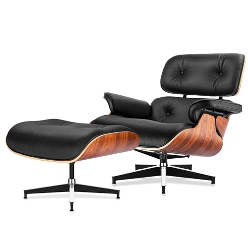 Lrpals Top Black Grain Leather Mid Century Chaise Lounge Chair and Ottoman Modern Chair Classic Design Palisander Wood Heavy Duty Base Support for Living Room Office