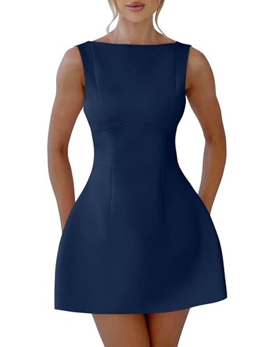 Image of YMDUCH Women's Sexy Sleeveless Crew Neck Backless A-line Party Short Mini Dress