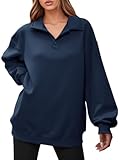 Fisoew Womens Collared V Neck Sweatshirts Casual Oversized Long Sleeve Fashion Pullover Tops Navy