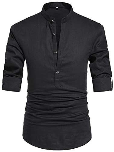 NITAGUT Men Henley Neck Long Sleeve Daily Look Linen Shirts