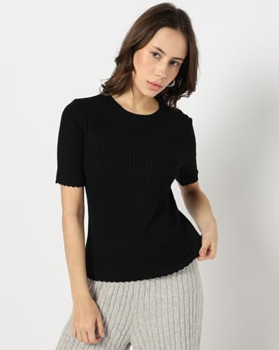 Image of Gap Women Solid Fitted Short Sleeves Round Neck Blouse