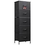 WLIVE Fabric Dresser, 5-Drawer Tall Dresser for Bedroom, Storage Dresser Organizer with Fabric Bins, Wood Top, Sturdy Steel Frame, Chest of Drawers for Closet, Hallway, Charcoal Black