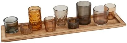 Creative Co-Op Wood Tray with 9 Brown Glass Votive Holders (Set of 10 Pieces)