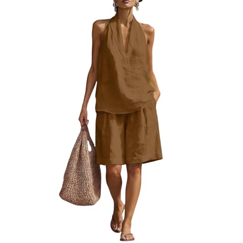 tobchonp Linen Short Sets Women 2 Piece Outfits V Neck Halter Tank Tops Knee Length Bermuda Shorts Beach Comfy Lounge Set Matching Bermuda Short Sets Over 60 Casual Linen Tank and Shorts Set Brown