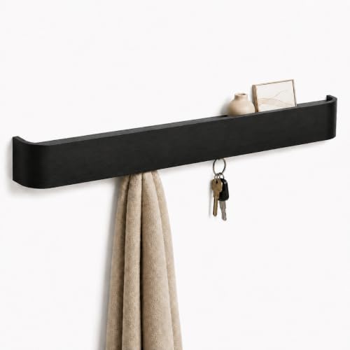JOLGAN Perchero de Pared con Estante, 82 cm, 9 Ganchos Integrados, Organizador de Recibidor para Llaves, Bolsos y Accesorios, MDF Negro Mate, Incluye 2 Hojas Decorativas