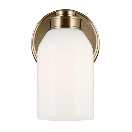 Image of Kichler Shae 1-Light Bathroom Wall Light, Champagne Bronze | White opal glass wall light for bathrooms, hallways and mirrors (5 inch x 8.25 inch), 55200CPZ