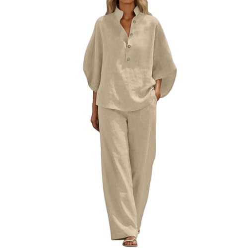 Boho Linen Two Piece Set,Women Linen Sets 2 Piece Outfits Batwing Sleeve Casual Shirt Wide Leg Pants 2026 Summer Trendy Boho Pant Suits Khaki Large