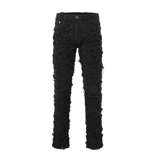 Men’s Black Stacked Jean Composite Fabric Ripped Jeans Destroyed Straight Denim Pants Hip Hop Trouser Streetwear
