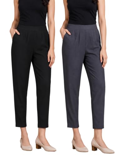 Image of Leriya Fashion Linen Loose Pants for Woman |Linen Trouser for Women | Ankle Length Straight Pant Women | Ladies Loose Pants Woman with Elastic Closure |High Waist Formal Office Trousers
