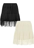 Women's Lace Slip Skirt Y2k Vintage Skirts Pleated Ruffle Floral Lace Tiered Short Mini Underskirt(Black and Beige-XXL)