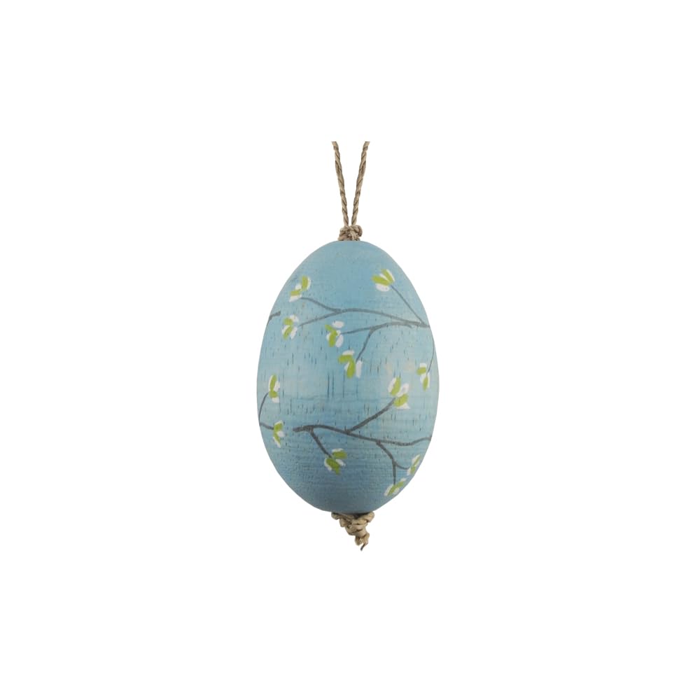 East of India Blossom Painted on Egg - Duck Egg Blue Easter Decoraton Wooden Ornament