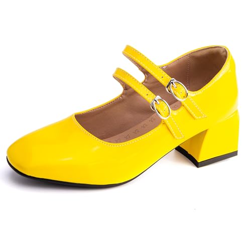 Gicoiz Block Heel Mary Jane Patent Ankle Strap Women Shoes Comfortable Square Toe Ladies Party Pumps Elegant Summer Chunky Apricot Size 13 US/49 by Gicoiz
