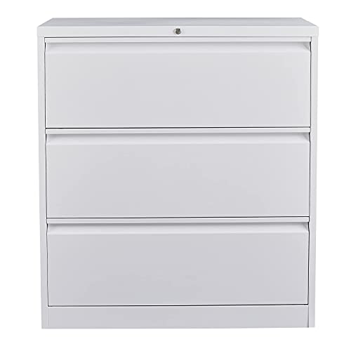 Vingli 35.5" Wide 3 Drawer File Cabinet With Lock, Classic White File Cabinets For Home Office, Minimalist Metal Lateral File Cabinet & Printer Stand For Letter/Legal Size File Folders With Tabs #TOP6