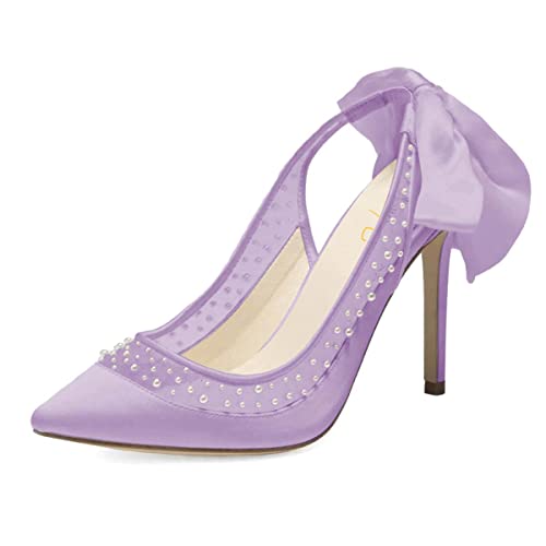 XYD Women's Silk Satin Pointed Toe Pumps Wedding High Heel Pearls Back Bowknot Mesh Brides Evening Shoes
