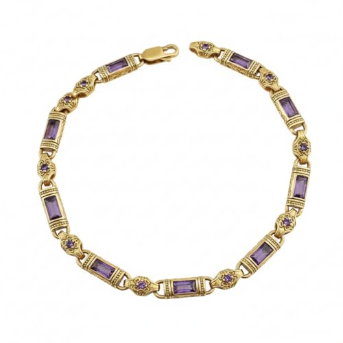Mercan Silver Men Gold Amethyst Engraved Link Bracelet, 14K Gold