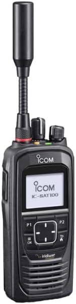 Icom IC-SAT100 PTT Satellite Radio, front view with antenna extended.