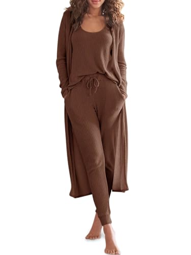 Image of Eurivicy Womens Lounge Set Waffle Knit 3 Piece Pajama Sets Tank Tops Loose Pants with Long Cardigan Loungewear 2026
