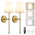 HOXIYA DIMMABLE Battery Operated Wall Sconces Set of 2, Rechargeable Wireless Gold Wall Lighting with Remote Control, Farmhouse Wall Lamp with Detachable Charging Light Bulb for Indoor Bedroom Brass
