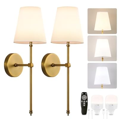 HOXIYA DIMMABLE Battery Operated Wall Sconces Set of 2, Rechargeable Wireless Gold Wall Lighting with Remote Control, Farmhouse Wall Lamp with Detachable Charging Light Bulb for Indoor Bedroom Brass